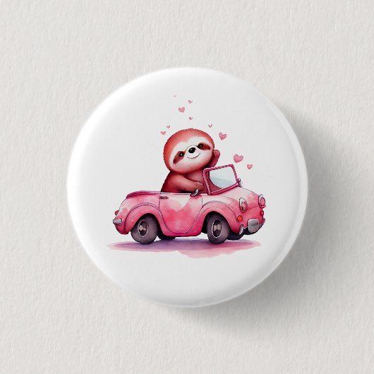 Schattige luiaard rijdt in een roze cabrio ronde button 3,2 cm (Voorkant)