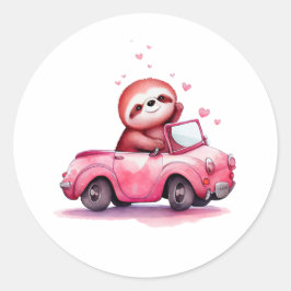 Schattige luiaard rijdt in een roze cabrio ronde sticker