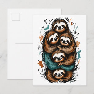Schattige Luiaardfamilie Stapel – Grappige Handget Briefkaart