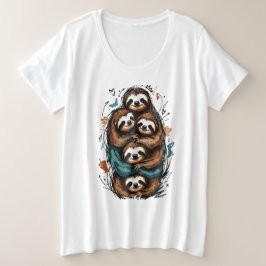 Schattige Luiaardfamilie Stapel – Grappige Handget Grote Maat T-shirt