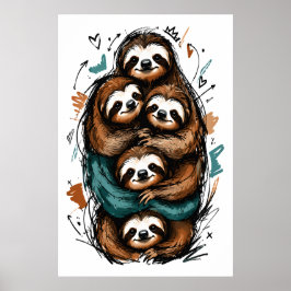 Schattige Luiaardfamilie Stapel – Grappige Handget Poster