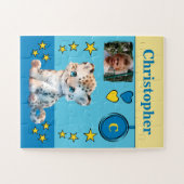 Schattige luipaard fotonaam blauw geel kinder legpuzzel (Horizontaal)