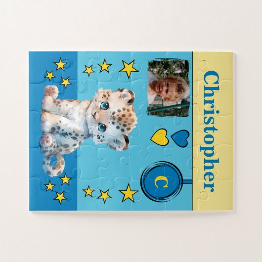 Schattige luipaard fotonaam blauw geel kinder legpuzzel (Horizontaal)