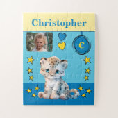 Schattige luipaard fotonaam blauw geel kinder legpuzzel (Verticaal)