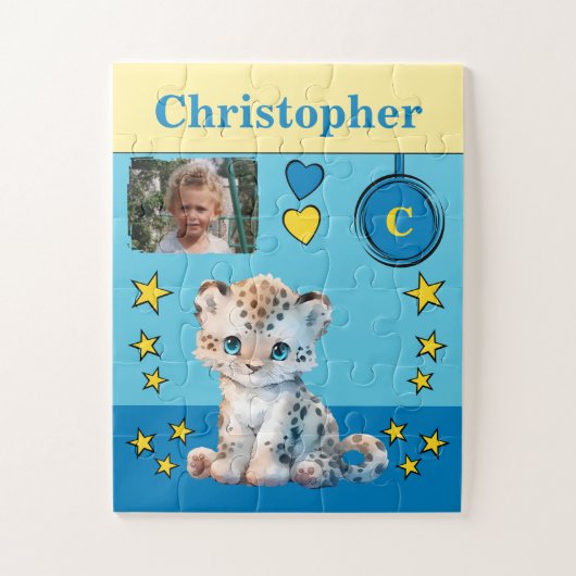 Schattige luipaard fotonaam blauw geel kinder legpuzzel (Verticaal)
