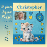 Schattige luipaard fotonaam blauw geel kinder legpuzzel<br><div class="desc">30 stuk puzzel voor kinderen. Met een schattige luipaard,  met sterren en liefdesharten. Voeg een naam,  initiaal en een foto toe. Kleurenschema: blauw en geel cadeau idee voor kinderen.</div>