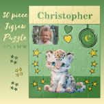 Schattige luipaard fotonaam groen geel kinder legpuzzel<br><div class="desc">30 stuk puzzel voor kinderen. Met een schattige luipaard,  met sterren en liefdesharten. Voeg een naam,  initiaal en een foto toe. Kleurenschema: groen en geel cadeau-idee voor kinderen.</div>