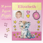 Schattige luipaard fotonaam roze geel kinder legpuzzel<br><div class="desc">30 stuk puzzel voor kinderen. Met een schattige luipaard,  met sterren en liefdesharten. Voeg een naam,  initiaal en een foto toe. Kleurenschema: roze en geel cadeau-idee voor kinderen.</div>