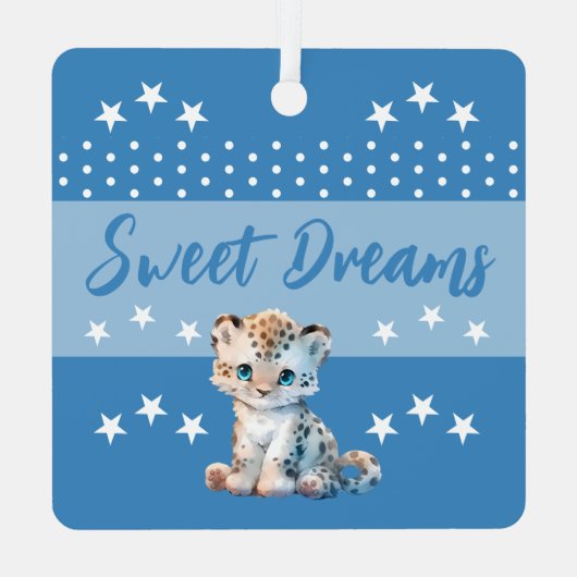 Schattige luipaard shhh voeg naam is slapen blauw metalen ornament (Achterkant)