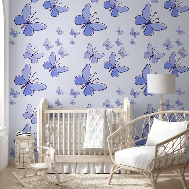 Schattige maagdenpalm blauw vlinder doedel accent behang (Kinderen)