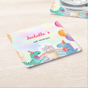 Schattige Magisch Regenboog Dino Eenhoorn Verjaard Kartonnen Onderzetters