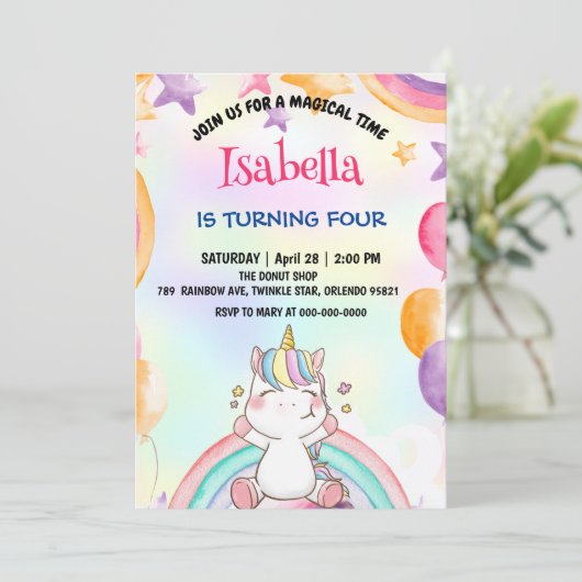 Schattige Magisch Regenboog Eenhoorn Verjaardagsfe Kaart (Staand voorkant)