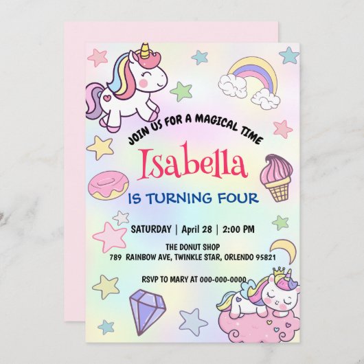 Schattige Magisch Regenboog Eenhoorn Verjaardagsfe Kaart (Voorkant / Achterkant)
