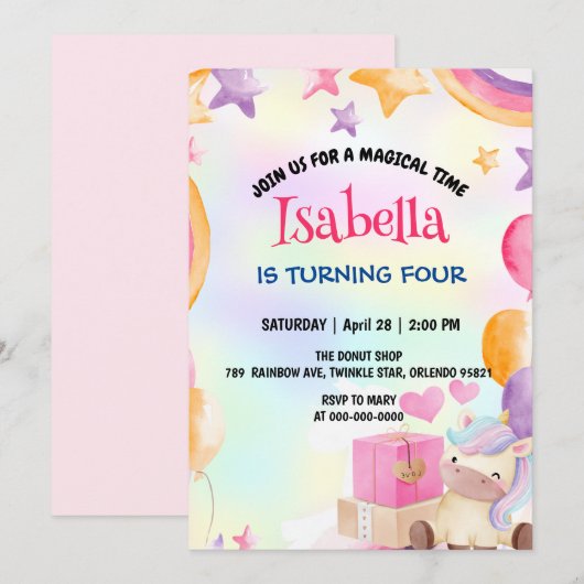 Schattige Magisch Regenboog Eenhoorn Verjaardagsfe Kaart (Voorkant / Achterkant)