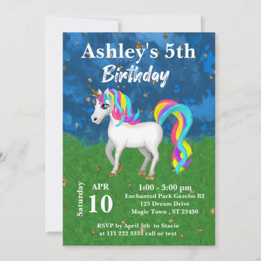 Schattige Magische Eenhoorn 5e Verjaardagsfeestje Kaart (Voorkant)