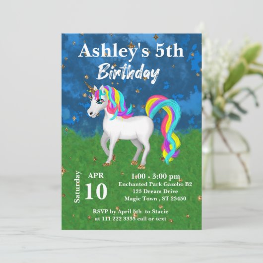 Schattige Magische Eenhoorn 5e Verjaardagsfeestje Kaart (Staand voorkant)