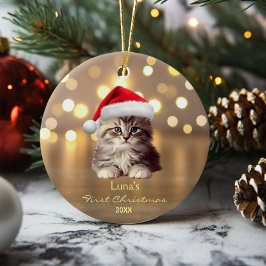 Schattige Maine Coon Cat Santa Hat Gold gepersonal Keramisch Ornament