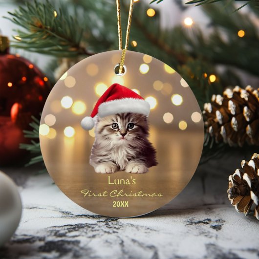 Schattige Maine Coon Cat Santa Hat Gold gepersonal Keramisch Ornament
