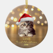 Schattige Maine Coon Cat Santa Hat Gold gepersonal Keramisch Ornament (Voorkant)