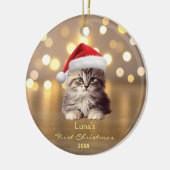 Schattige Maine Coon Cat Santa Hat Gold gepersonal Keramisch Ornament (Links)