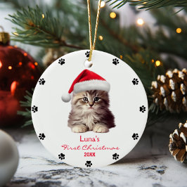 Schattige Maine Coon Cat Santa Hat Paw gepersonali Keramisch Ornament