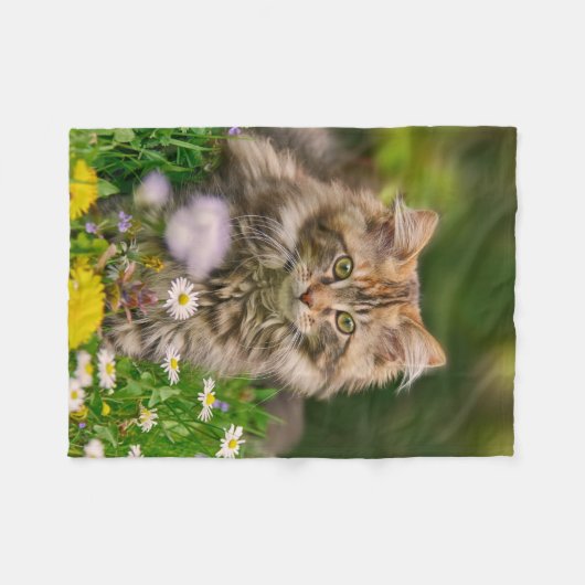 Schattige Maine Coon Kitten Cat in Flowers Fleece Deken (Voorkant (Horizontaal))