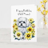 Schattige Maltees Gepersonaliseerd Verjaardag Kaart (Gele Bloem)
