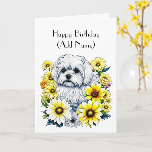 Schattige Maltees Gepersonaliseerd Verjaardag Kaart (Gele Bloem)