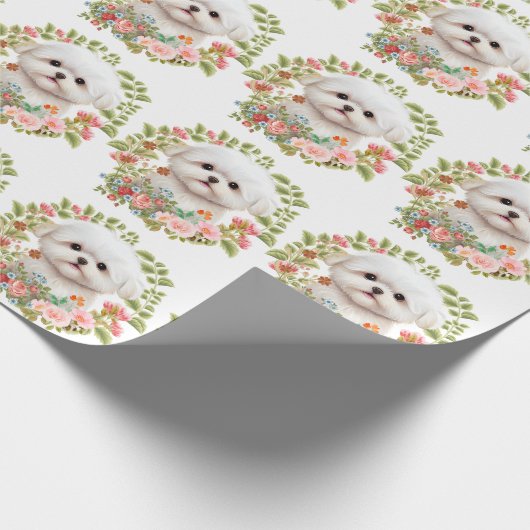 Schattige Maltese Pup in Bloei, Maltese Hond Liefh Cadeaupapier (Hoek)