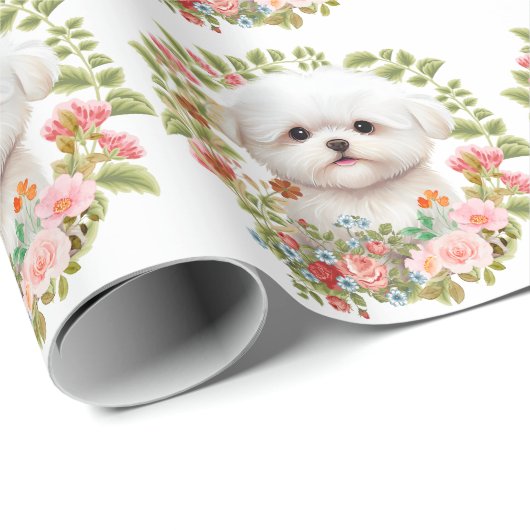 Schattige Maltese Pup in Bloei, Maltese Hond Liefh Cadeaupapier (Rol Hoek)