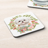 Schattige Maltese puppy in Bloom, Maltees Hondenli Bier Onderzetter (Linkerzijde)