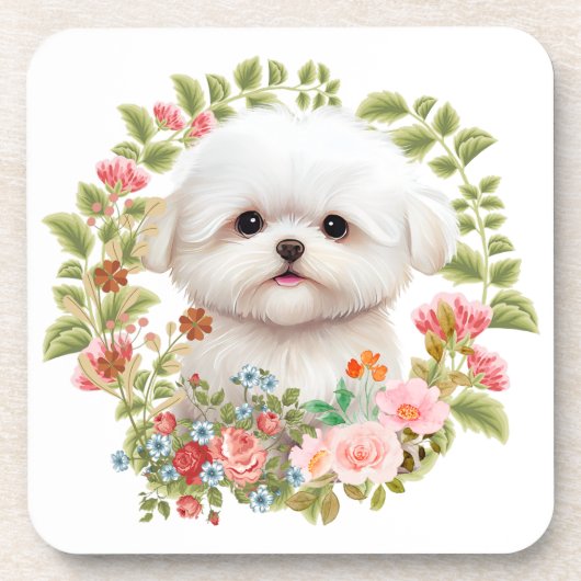 Schattige Maltese puppy in Bloom, Maltees Hondenli Bier Onderzetter (Voorkant)