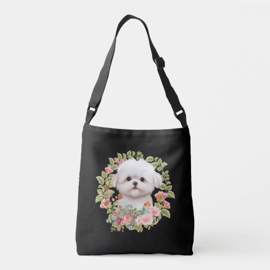 Schattige Maltese puppy in Bloom, Maltees Hondenli Crossbody Tas (Achterkant)