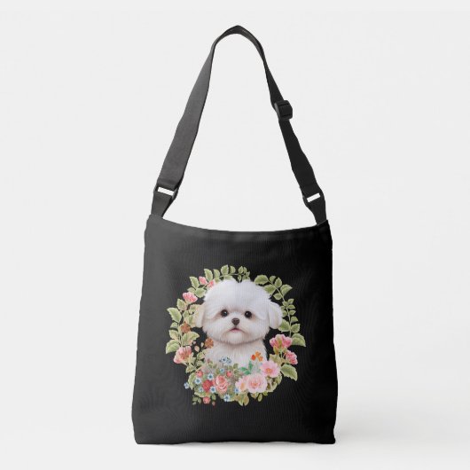 Schattige Maltese puppy in Bloom, Maltees Hondenli Crossbody Tas (Voorkant)