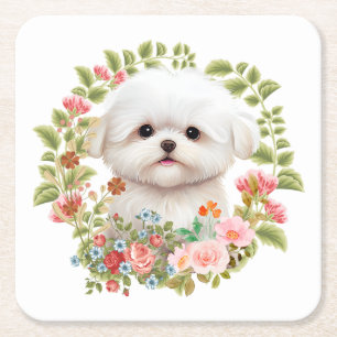Schattige Maltese puppy in Bloom, Maltees Hondenli Kartonnen Onderzetters