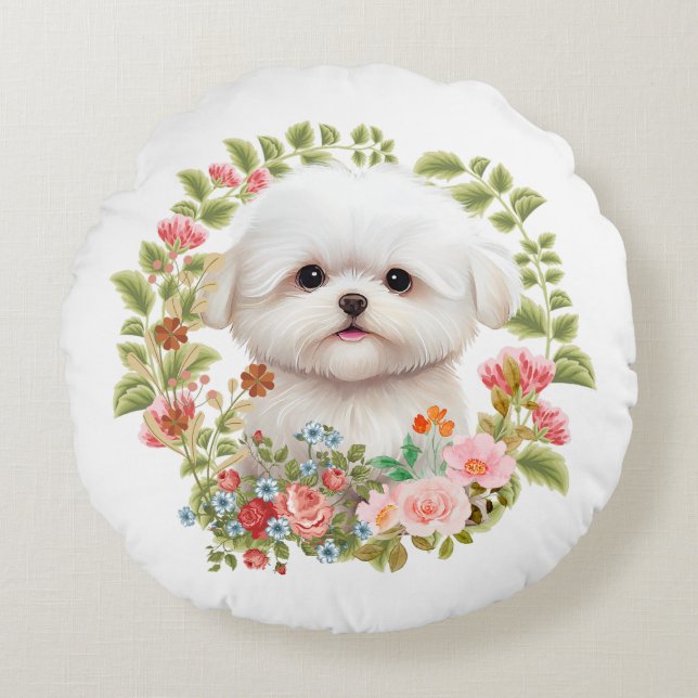 Schattige Maltese puppy in Bloom, Maltees Hondenli Rond Kussen (Voorkant)