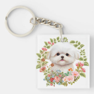 Schattige Maltese puppy in Bloom, Maltees Hondenli Sleutelhanger