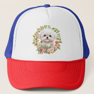 Schattige Maltese puppy in Bloom, Maltees Hondenli Trucker Pet