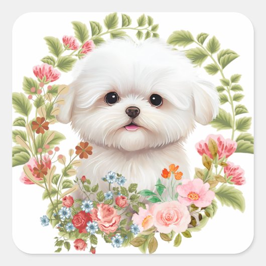 Schattige Maltese puppy in Bloom, Maltees Hondenli Vierkante Sticker (Voorkant)