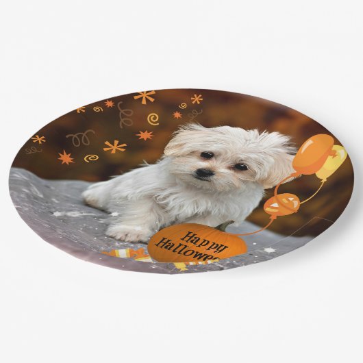 Schattige maltese puppy viert Halloween Papieren Bordje (Gekanteld)