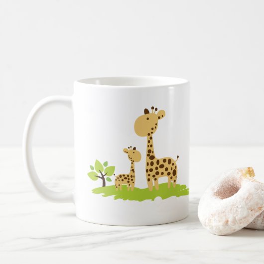 Schattige mam & Baby Giraffe Groen en Geel Koffiemok (Met donut)