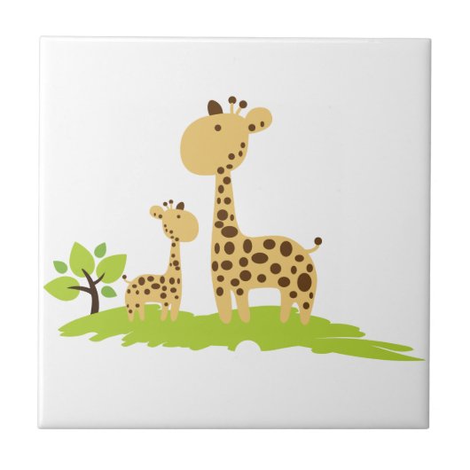 Schattige mam & Baby Giraffe Groen en Geel Tegeltje (Voorkant)