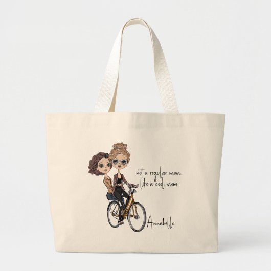 Schattige Mam/Daughter op Fietstekening ‘Cool Mom’ Grote Tote Bag (Voorkant)