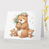 Schattige mama beer met drie welpen kaart (Gele Bloem)