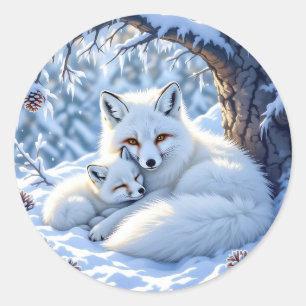 Schattige mama en baby witte vossen in de sneeuw ronde sticker
