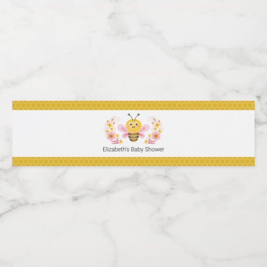 Schattige Mama naar Bee Geel Roze Baby shower Waterfles Etiket (Enkel label)