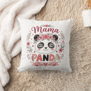 Schattige Mama Panda met Roze Bloemen en Hartjes Kussen