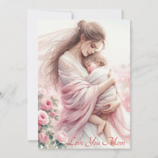 Schattige Mama's Knuffel Roze Rozen Moederdag Wate Feestdagenkaart (Voorkant)