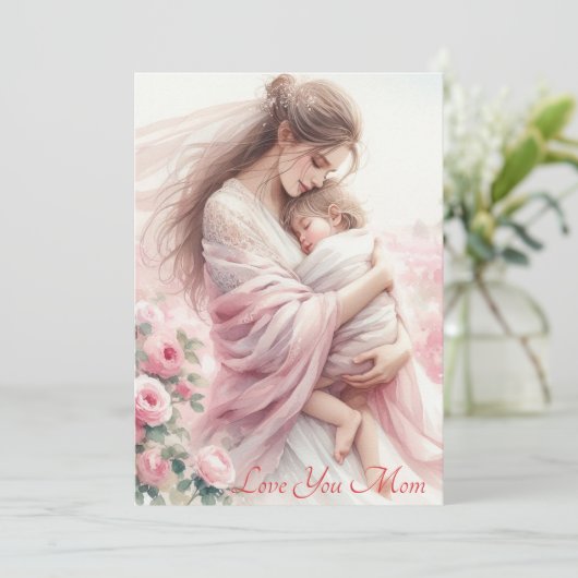 Schattige Mama's Knuffel Roze Rozen Moederdag Wate Feestdagenkaart (Staand voorkant)