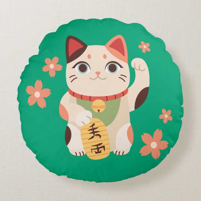 Schattige Maneki Neko Gelukskat Rond Kussen (Voorkant)